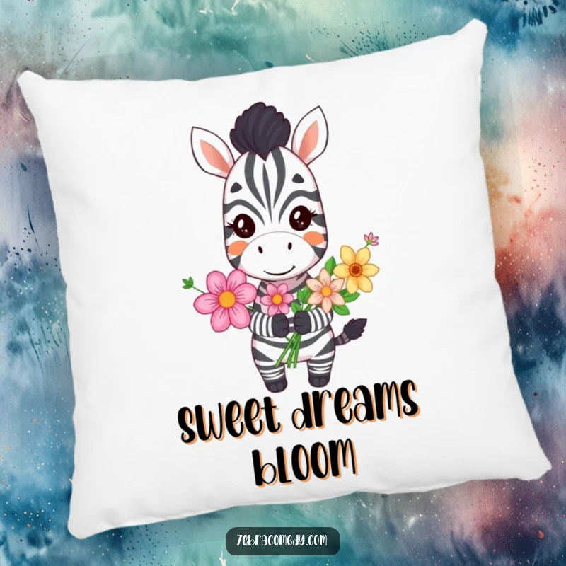 Funny grinning zebra pillow depicting a happy zebra holding a bouquet of flowers, perfect for adding cheerful, humorous comfort.
