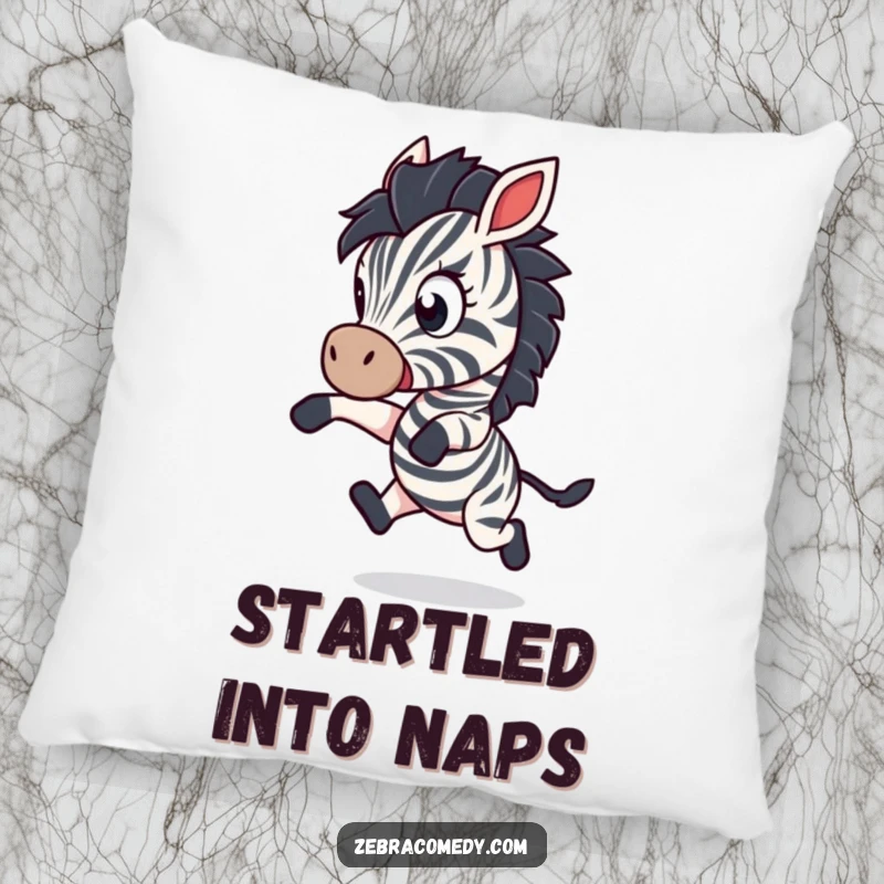 Funny Pillow: A zebra character recoils with wide eyes in playful shock, leaping backward for a soft, humorous, and conversation-starting decorative piece.