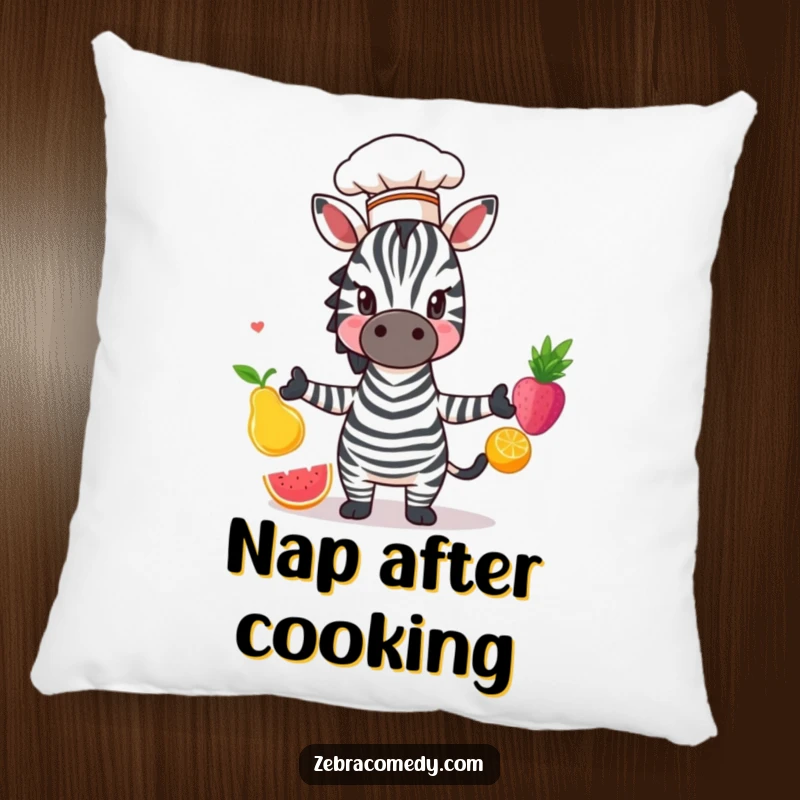 Funny Zebra Pillow: Soft cushion showcasing a zebra chef juggling fruit, adding whimsical culinary charm to any room.