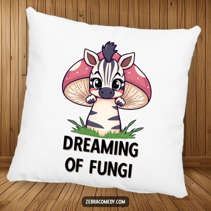 Funny zebra pillow showcasing a curious zebra peeking over a large, striped mushroom with wide eyes, blending soft comfort with whimsical magic.