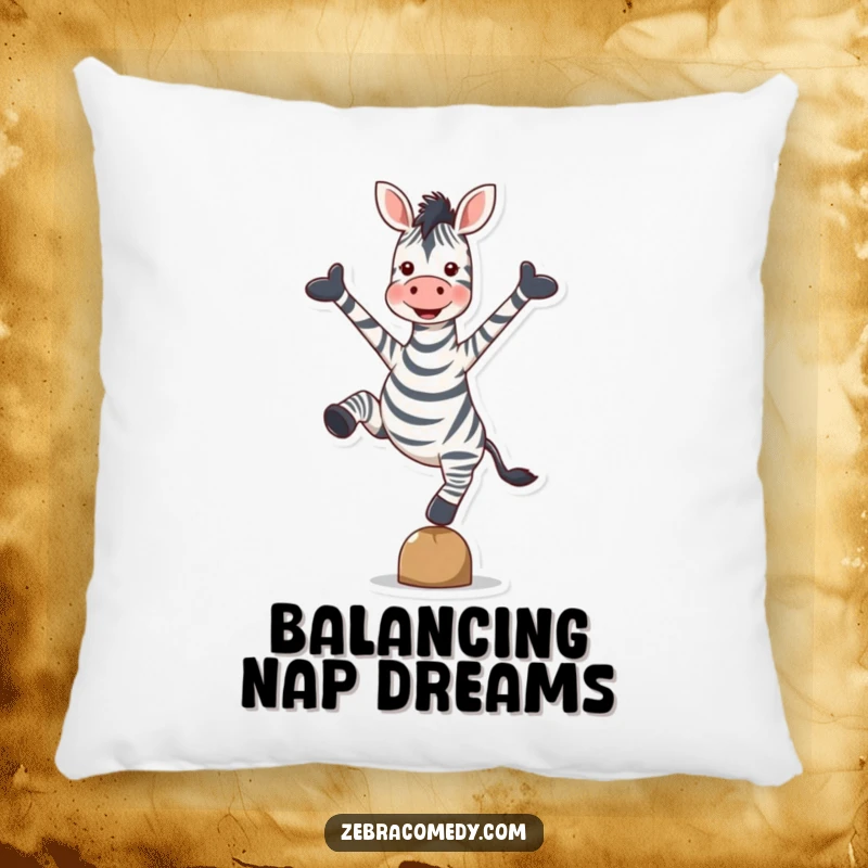 Funny Zebra Pillow: A plush pillow featuring a zebra balancing on one hoove, arms spread wide in joyful ecstasy.