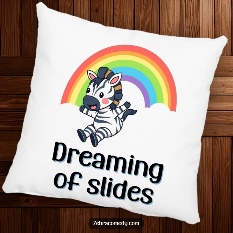 Funny Zebra Pillow: A happy zebra slides down a colorful rainbow, shouting with pure joy, designed for ultimate comfort and a good giggle.