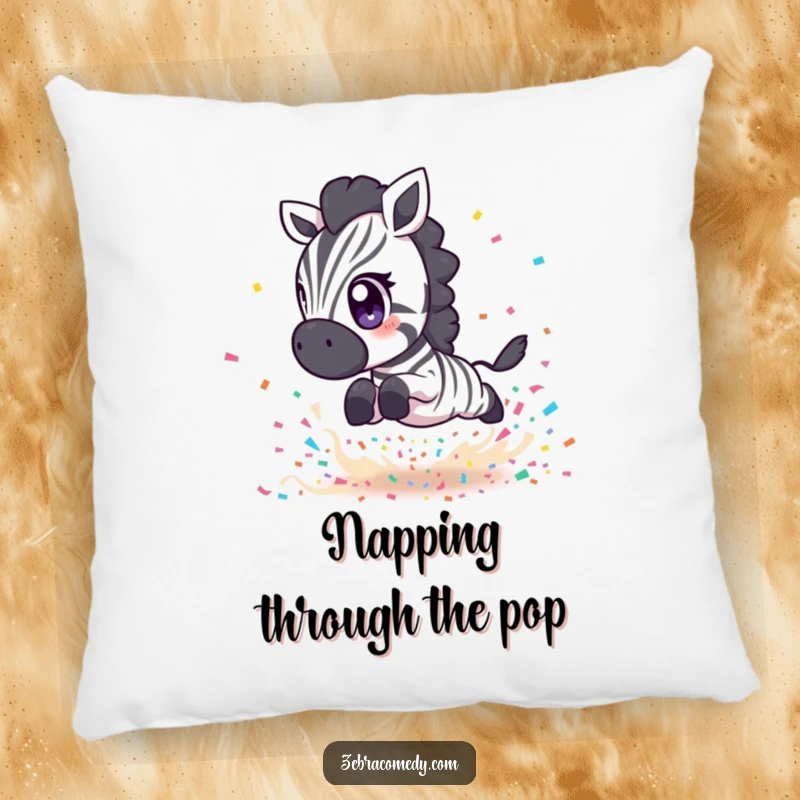 Funny Zebra Pillow: A zebra with expressive eyes leaping over confetti, offering comfort and festivity, gift idea.