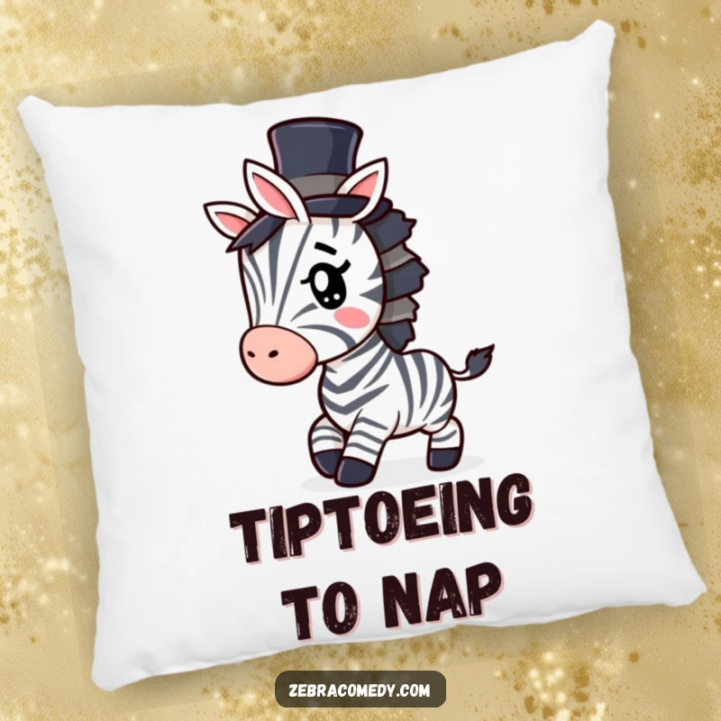 Funny Zebra Pillow: A soft pillow featuring a zebra in a small top hat, tiptoeing with a mischievous wink, adding charm.
