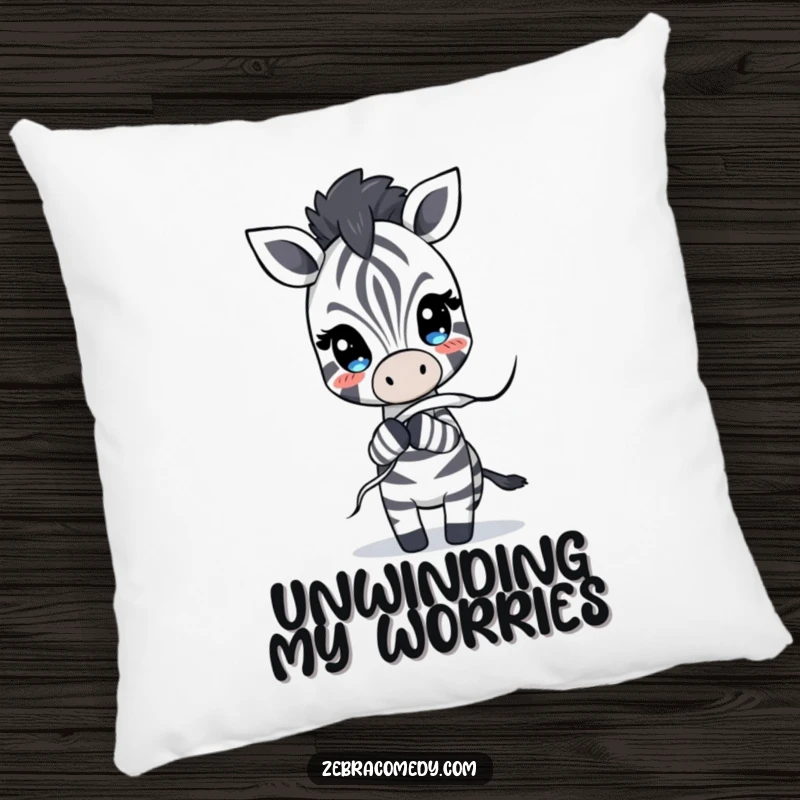 Funny Pillow showing a zebra character playfully pulling on an unraveling stripe, adding humorous comfort and quirky charm to a room.