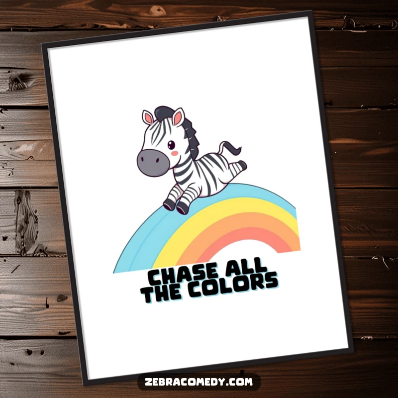 Funny Zebra Digital Art: A grinning zebra sliding down a rainbow, printable art for humorous home decor.