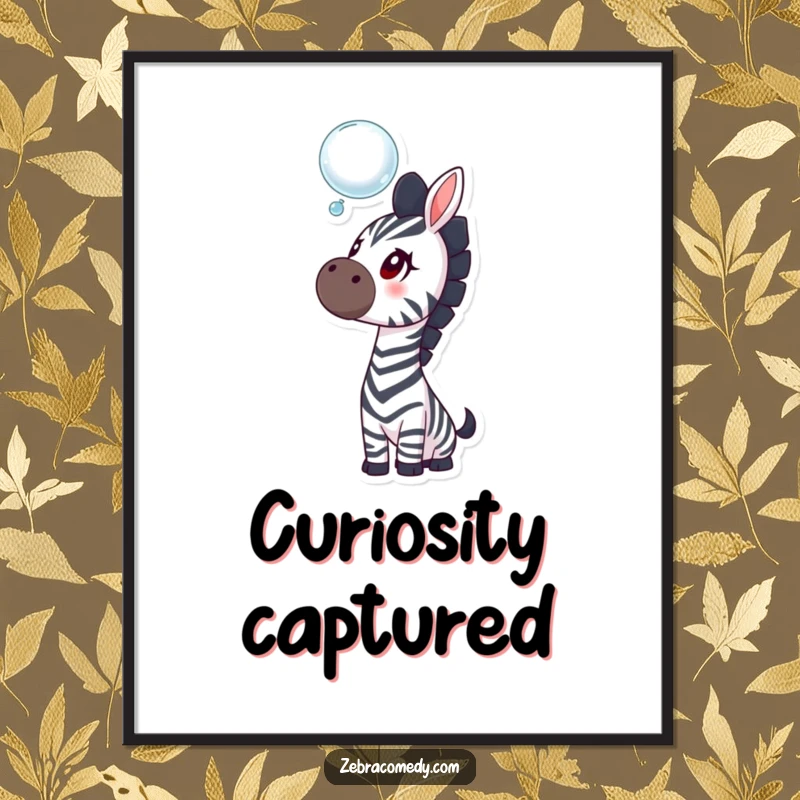 Funny curious zebra digital art print, a whimsical illustration of a zebra captivated by a floating bubble, ready for instant download.