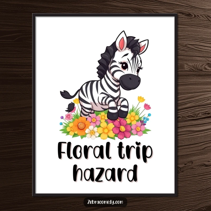 Funny zebra comically slipping on a patch of colorful flowers, a hilarious and amusing digital art print.
