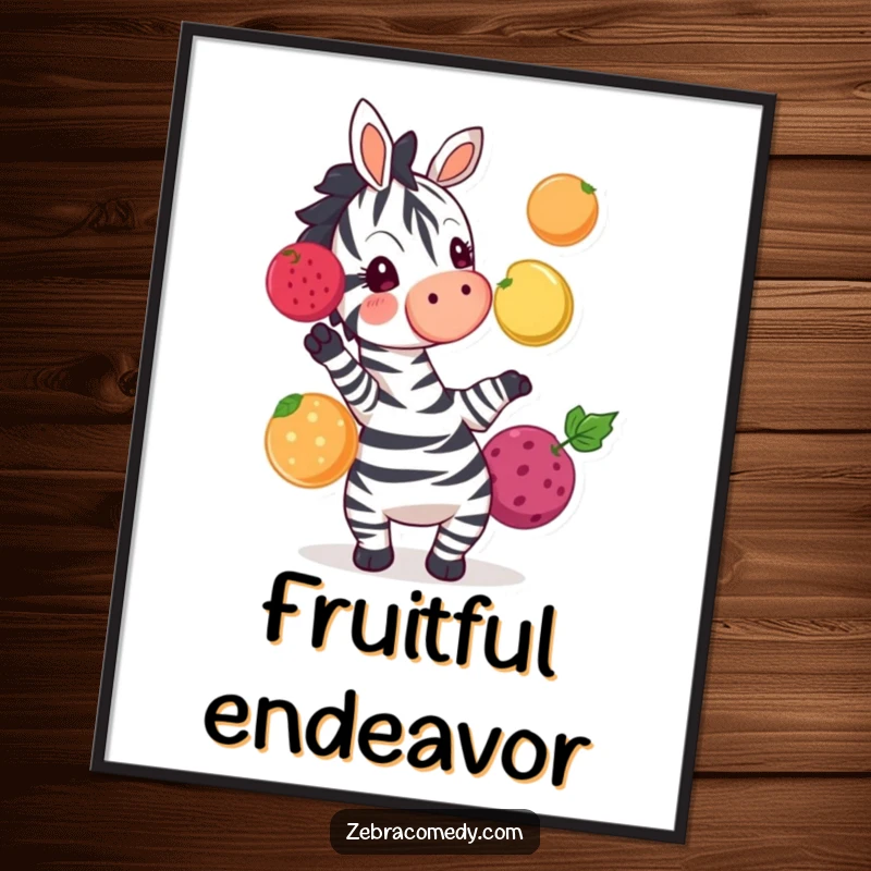 Funny zebra character in the act of juggling colorful fruits, a lively and amusing digital art print.
