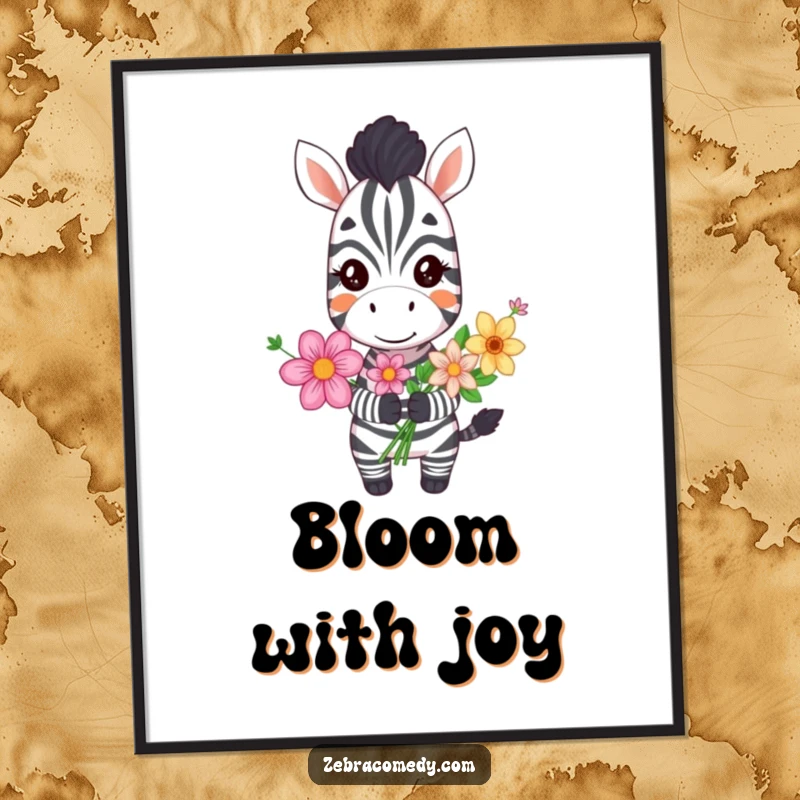 Funny grinning zebra digital art print, a cheerful illustration of a zebra holding flowers, ready for instant download.