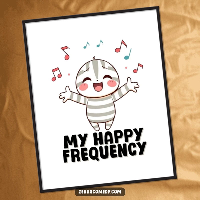 Funny digital art print featuring a striped character joyfully interacting with musical notes, ideal for instant, harmonious wall decor.