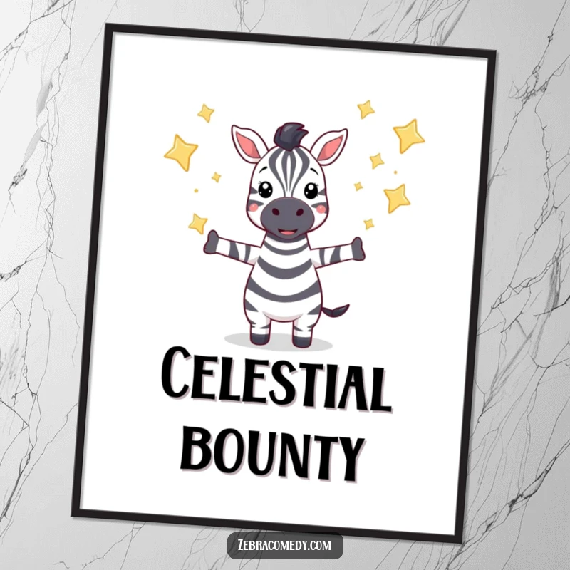 Funny digital art print of a zebra character reaching for falling sparkling stars, perfect for adding cosmic and humorous decor.