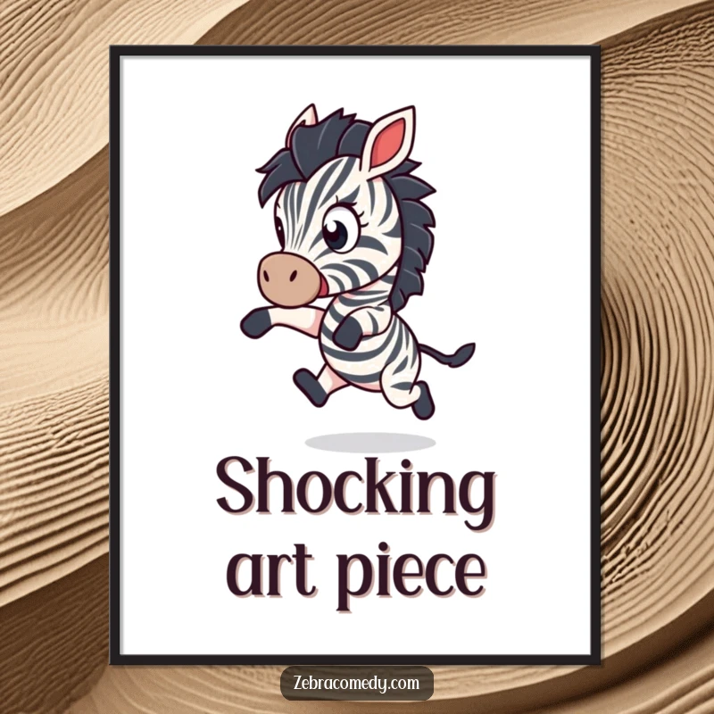 Funny Digital Art Print: A zebra character leaps backward with wide eyes in playful shock, creating a humorous and dynamic piece of wall art.
