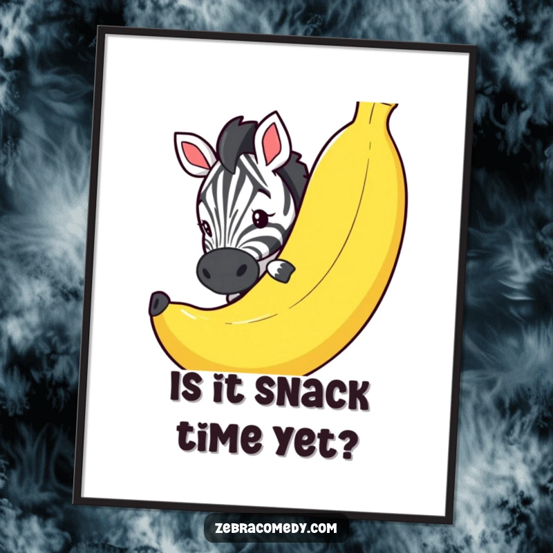 Funny digital art print of a curious zebra peeking with amusement around a giant novelty banana, ready for immediate download.