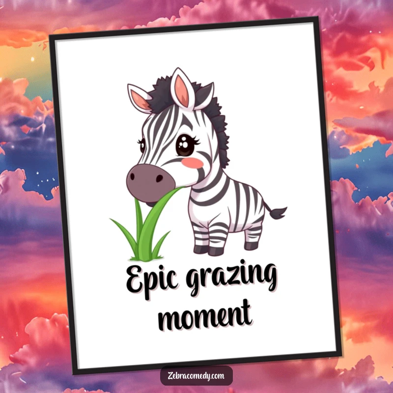 Funny zebra digital art print of a big smile while eating large grass, perfect for instant happy decor.