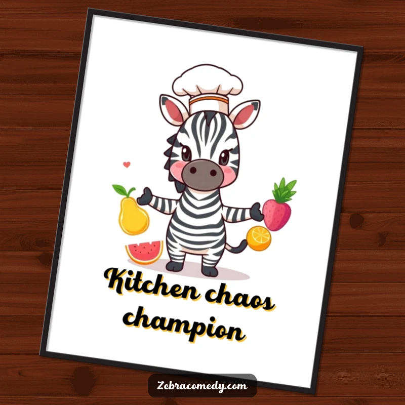 Funny Zebra Digital Art Print: A vibrant, high-quality image of a zebra in a chef hat juggling colorful fruits humorously.