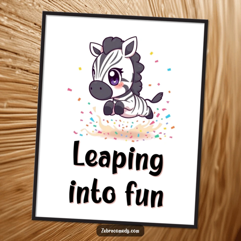 Funny Zebra Digital Art Print: A short zebra with big eyes leaping over confetti, energetic and fun, gift idea.