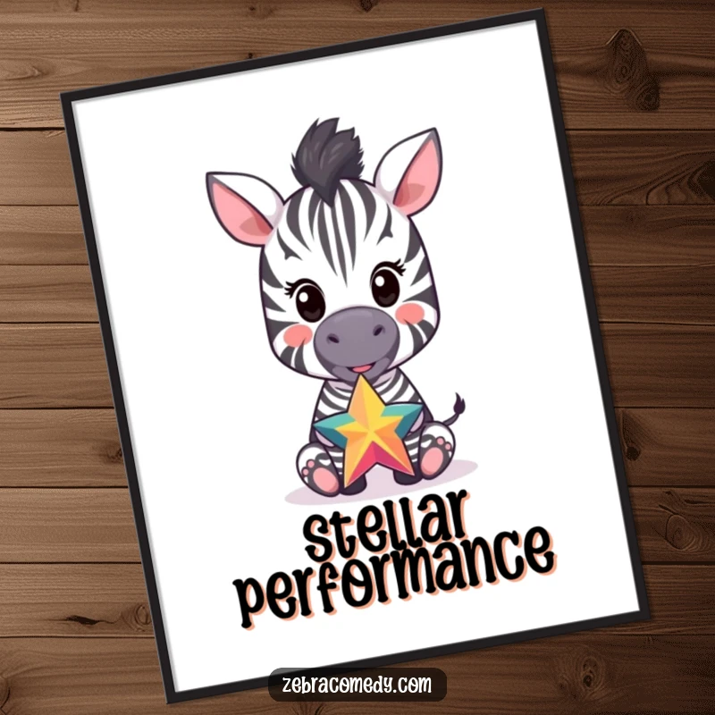 Funny digital art print of a happy zebra cub balancing a bright star on its nose, capturing a moment of pure, delightful focus.