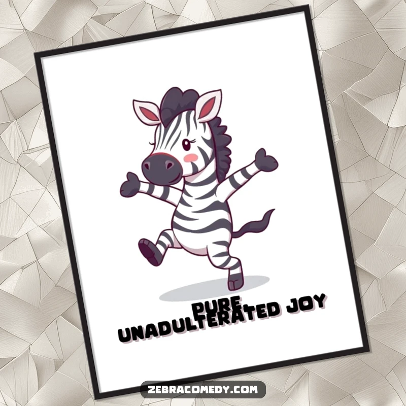 Funny zebra character captured in a joyous, chaotic dance, available as a digital art print for instant humorous wall decor.
