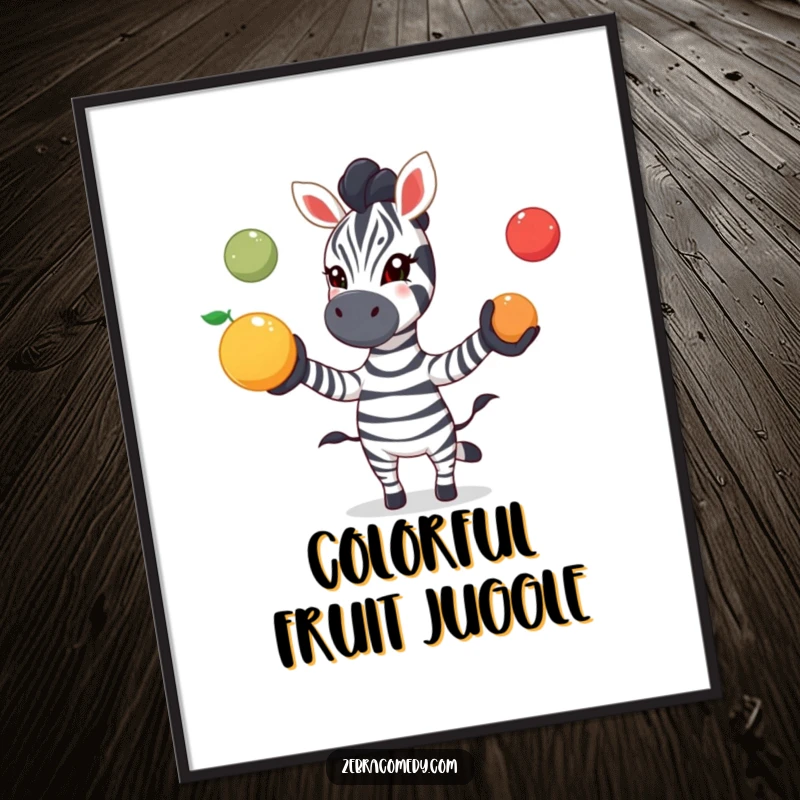 Funny zebra digital art print of a zebra playfully juggling three colorful fruits with excitement, ready for instant download and display.