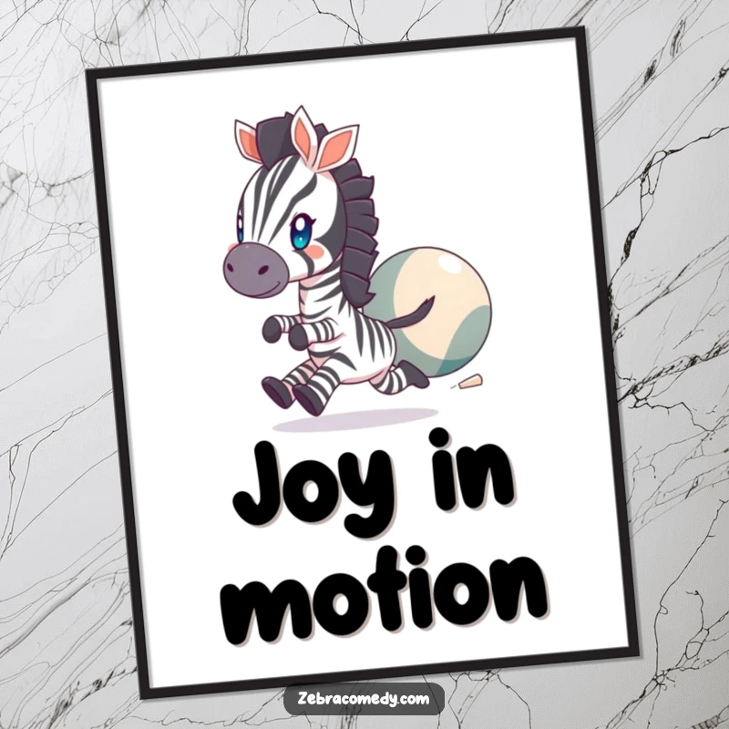 Funny Digital Art Print of a zebra character with twinkling eyes, gleefully chasing a giant bouncing ball, perfect for energetic decor.