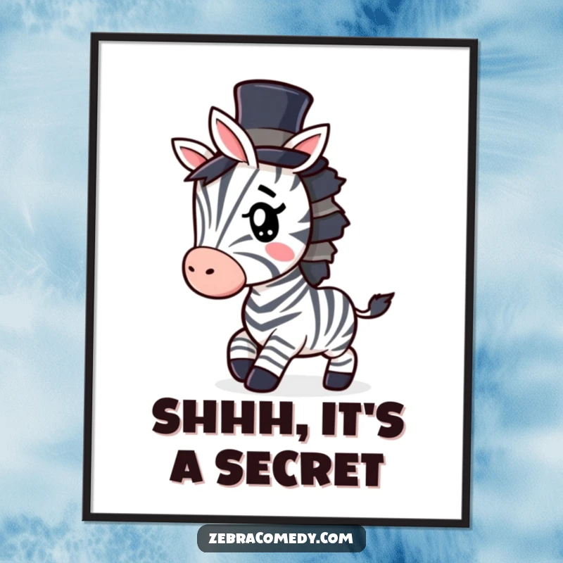 Funny Zebra Digital Art Print: High-quality art of a zebra wearing a tiny top hat, tiptoeing with a mischievous wink, stylish and fun.