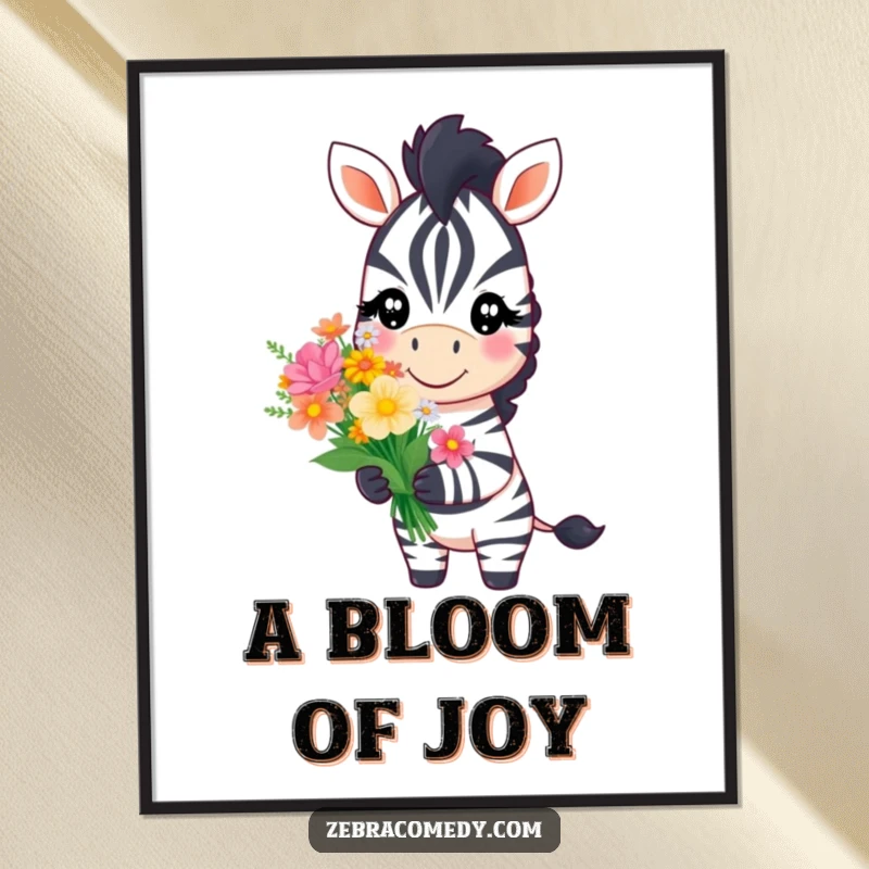 Funny zebra character with a sweet smile offering a bouquet of flowers, available as a digital art print for heartwarming decor.