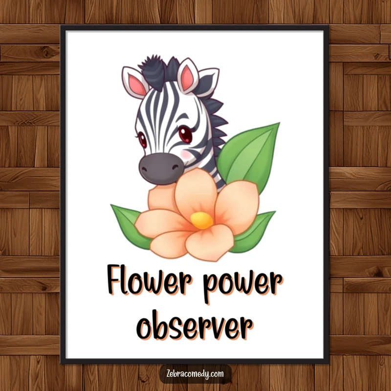 Funny zebra peeking from behind a large flower, offered as a high-resolution digital art print for instant humor.