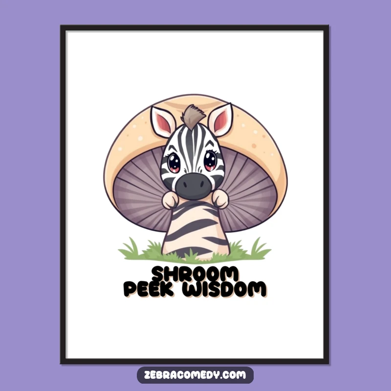 Funny Zebra Peeking Mushroom Digital Art Print - Curious Cartoon Decor