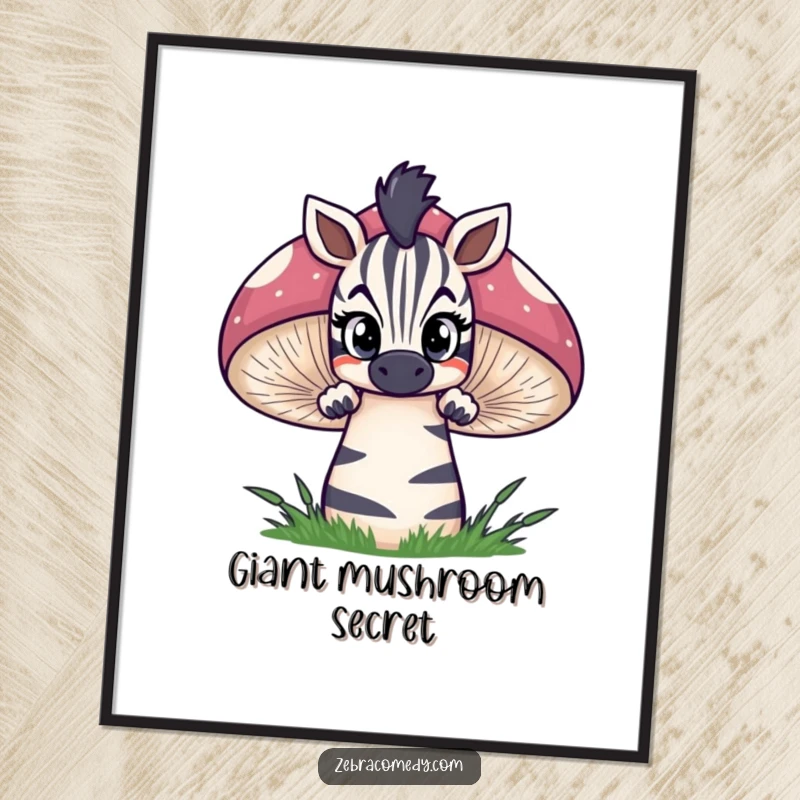 Funny zebra digital art print of a curious zebra peeking over a giant, striped mushroom with wide eyes, ready for instant download and display.