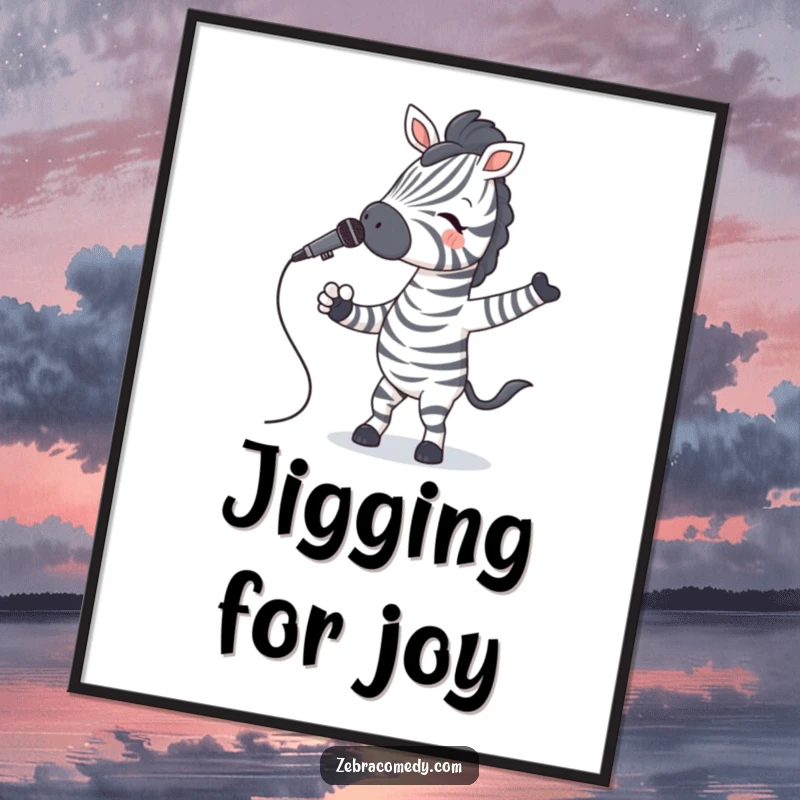 Funny Zebra Digital Art Print of a zebra with striped socks jiving with a microphone, perfect for music decor.