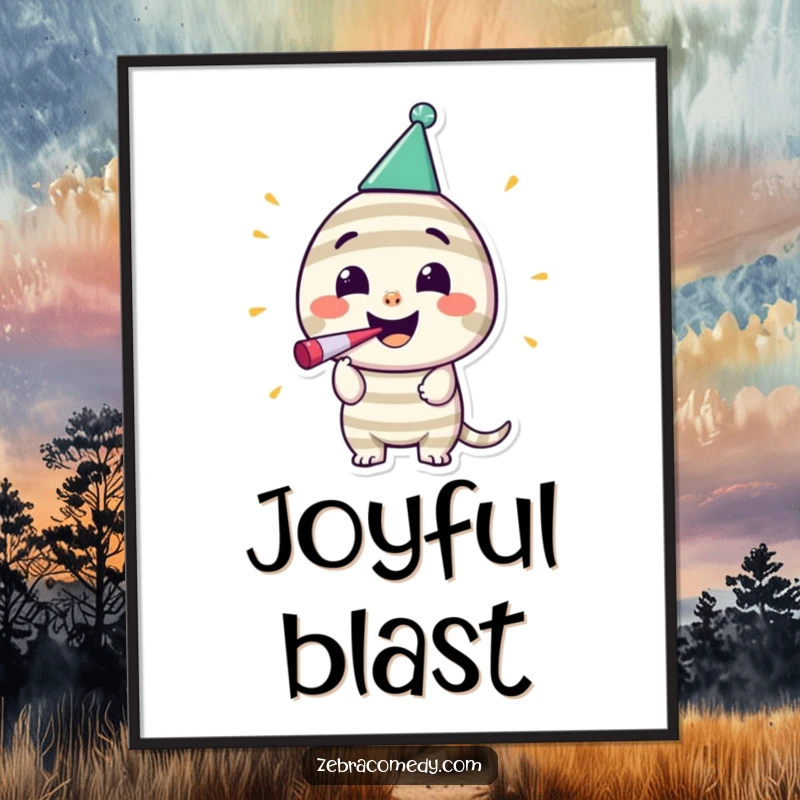 Funny Striped Party Digital Art Print: A happy striped character in a party hat blows a noisemaker with a wide smile.