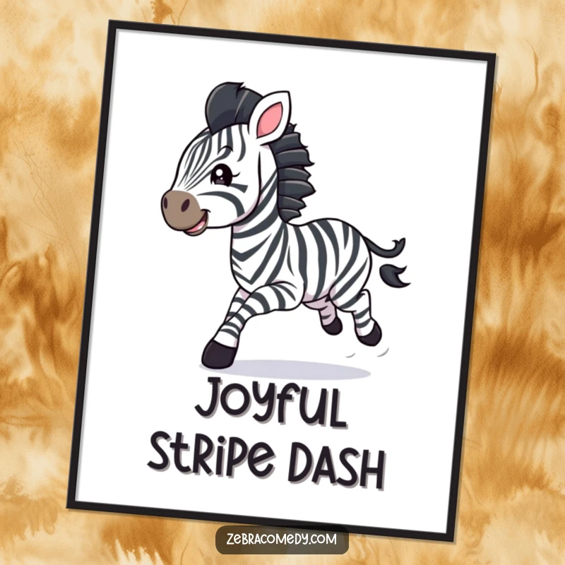 Funny zebra cub digital art print, joyfully galloping with streamers trailing, a humorous and vibrant celebration piece.