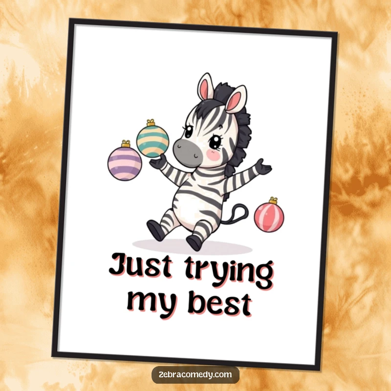 Funny Zebra Digital Art: A zebra comically tripping while juggling striped baubles, printable art for humorous home decor.