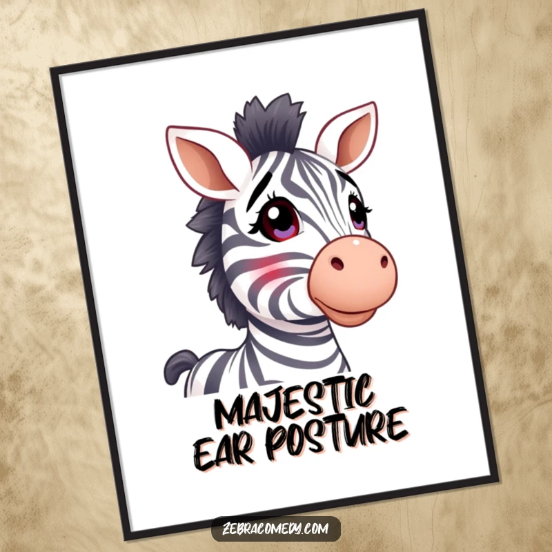 Funny zebra digital art print, stripy ears perked, looking up in wonder, a humorous and captivating illustration.
