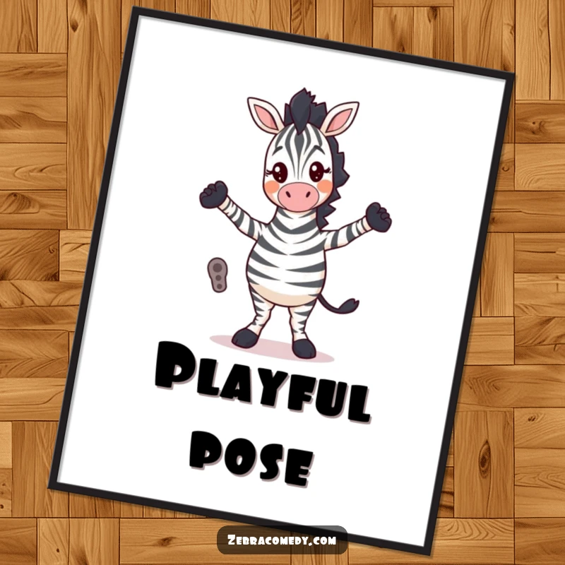 Funny Digital Art Print: A zebra character performs a silly dance with legs crossed, creating a humorous and lively piece of wall art.