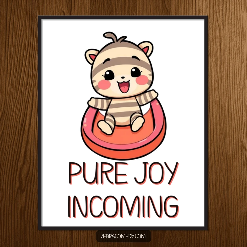 Funny digital art print capturing a striped character's ecstatic slide down a vibrant rainbow, ideal for instant, cheerful wall decor.