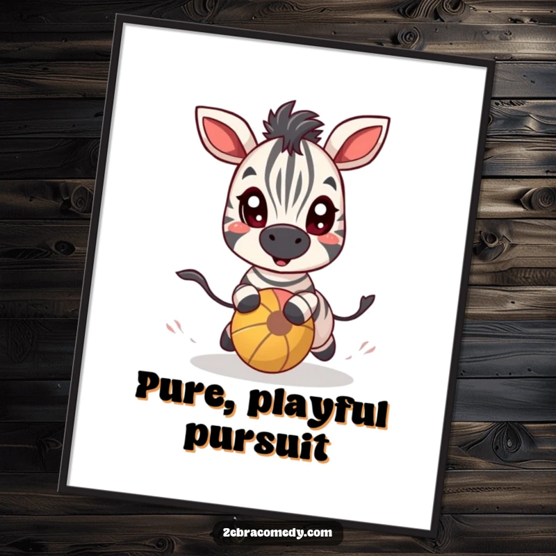 Funny zebra character with wide, excited eyes playfully chasing a bouncy ball, available as a digital art print for joyful decor.
