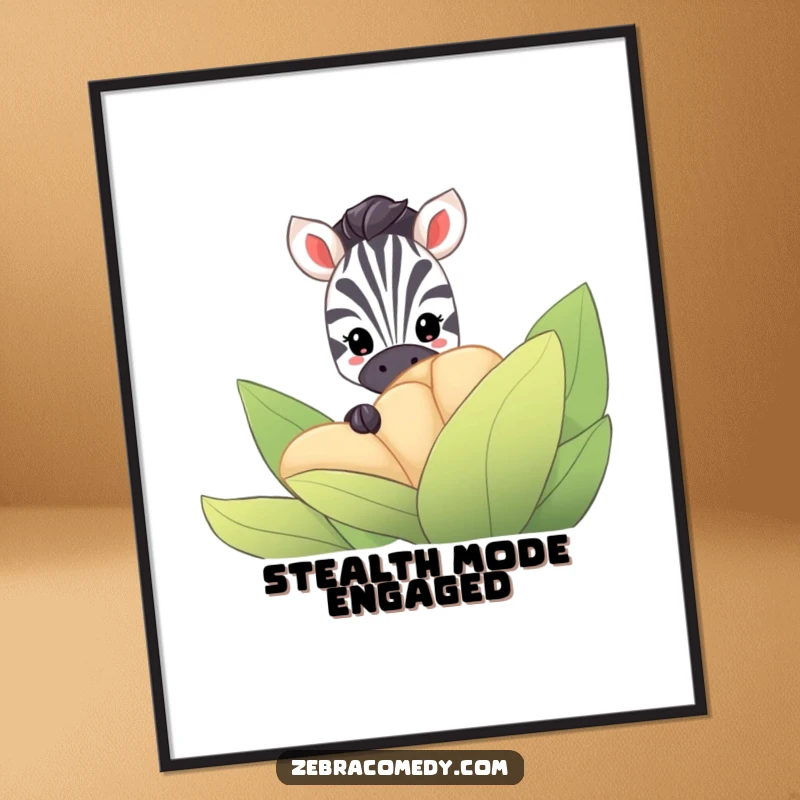 Funny Zebra Digital Art Print: A shy zebra hides behind a large, striped flower, only its curious eyes visible, creating whimsical decor.