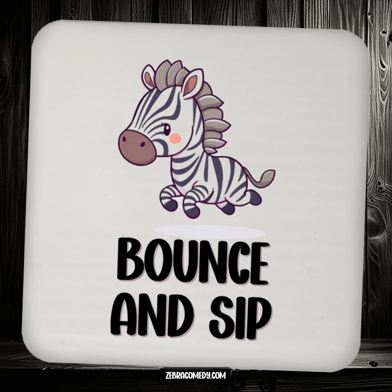 Funny Drink Coaster: A zebra character playfully bounces with blurred stripes, adding a touch of humorous motion to protect your furniture.
