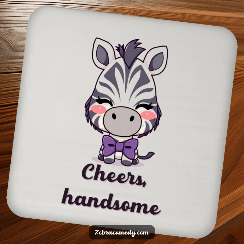 Funny Playful Zebra Coasters: A stylish zebra wearing a large, silly bowtie and winking, protecting surfaces.