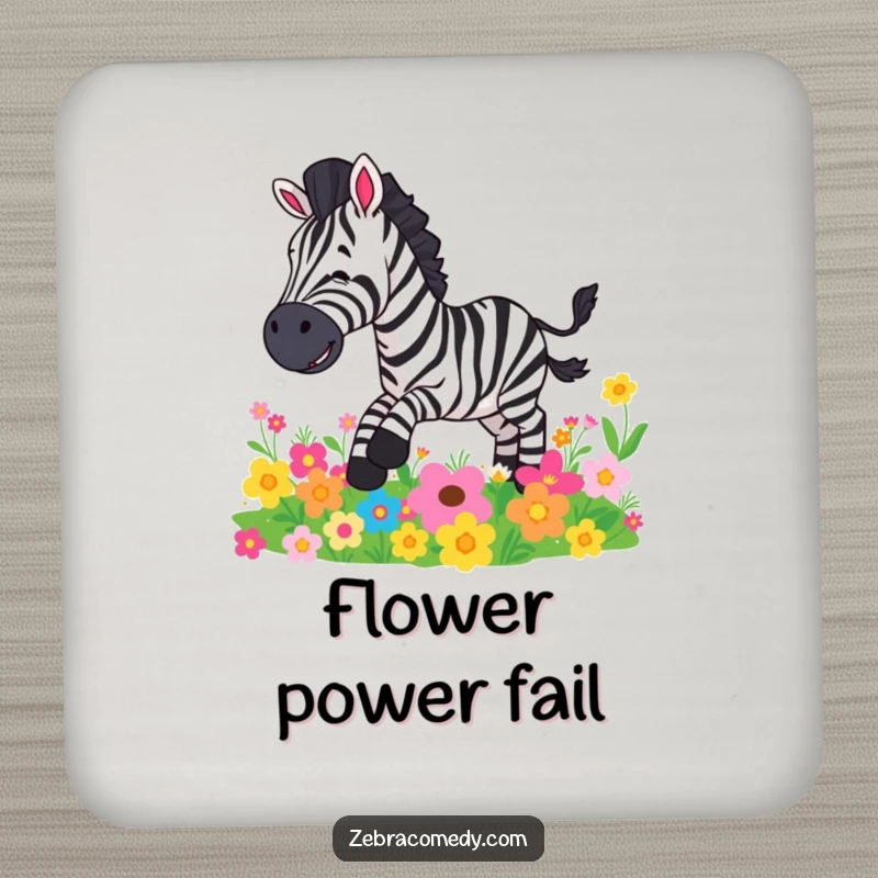 Funny drink coaster showing a zebra character comically slipping on colorful flowers, a protective and humorous accessory.