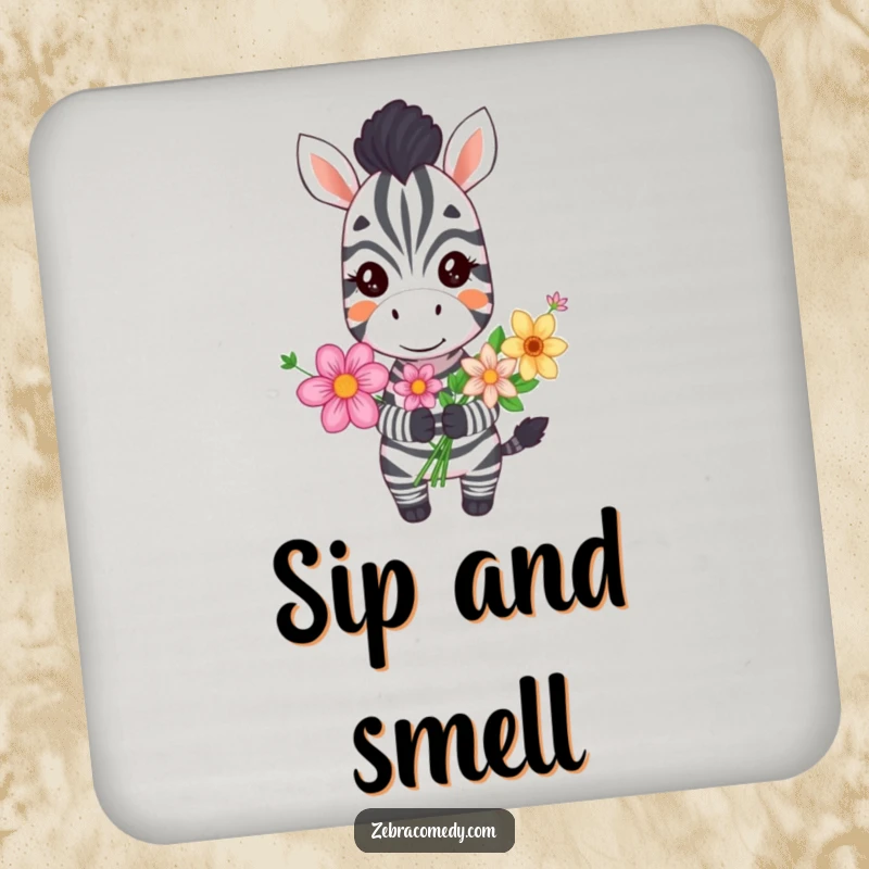 Funny grinning zebra drink coasters featuring a happy zebra holding a bouquet of flowers, perfect for adding cheerful, humorous decor.