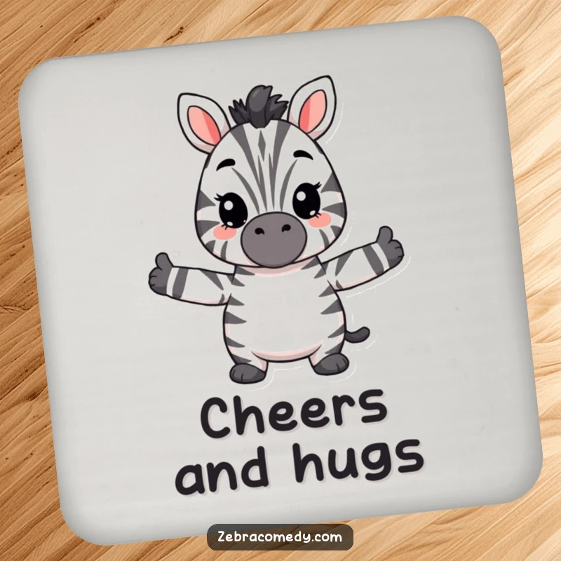 Funny hugging zebra drink coasters featuring a fuzzy zebra with open arms, ready to give a humorous hug to protect your table.