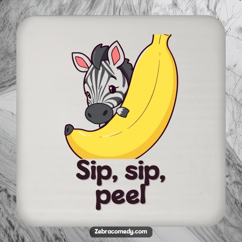 Funny drink coasters with a curious zebra peeking around an oversized banana, adding a playful touch to any table setting.