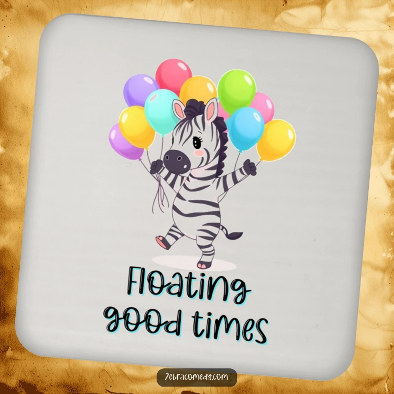 Funny Drink Coaster showcasing a joyful zebra character dancing with bright, colorful balloons, a humorous and practical addition to any table.