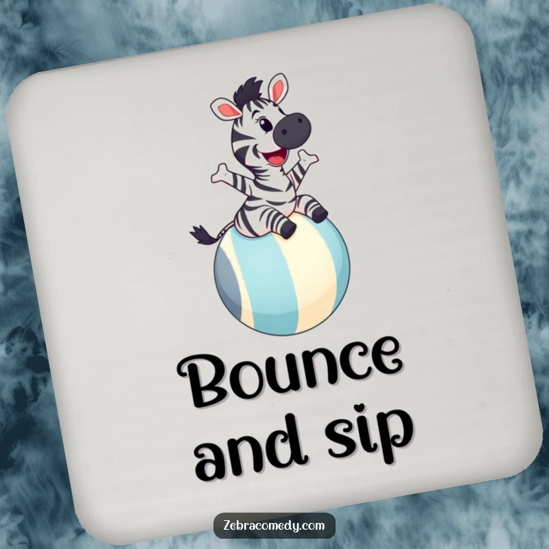 Funny zebra drink coaster illustrating a joyful zebra with a wide grin bouncing on a large striped ball, offering playful surface protection.