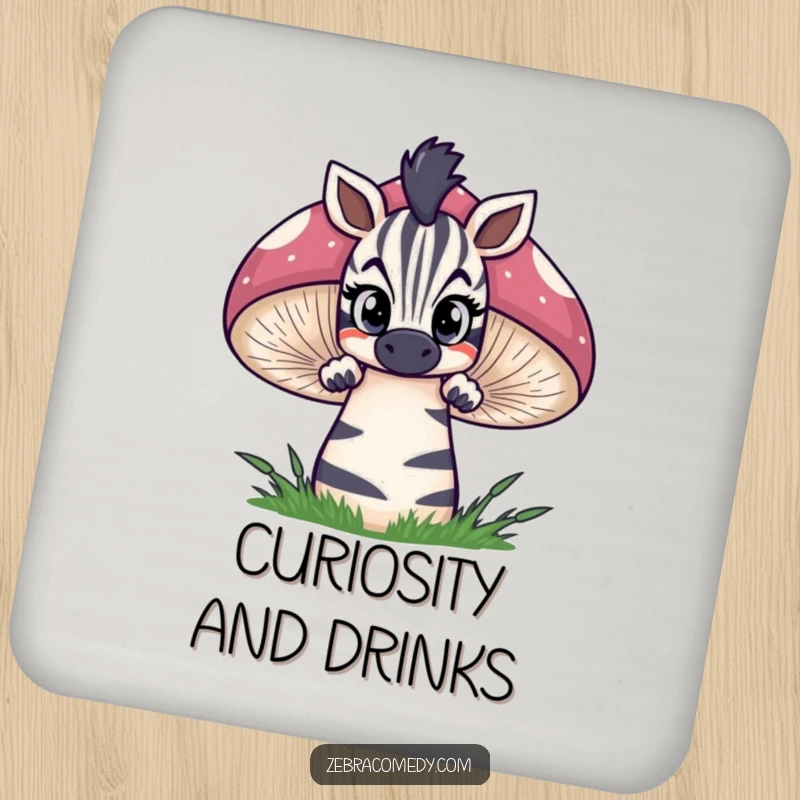 Funny zebra drink coaster illustrating a curious zebra peeking over a giant striped mushroom with wide eyes, offering whimsical surface protection.