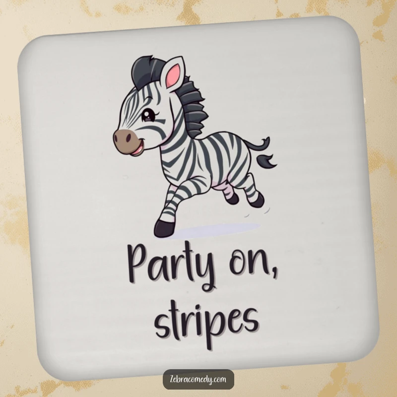 Funny zebra cub coasters, galloping with streamers, protecting tables with vibrant humor and style.