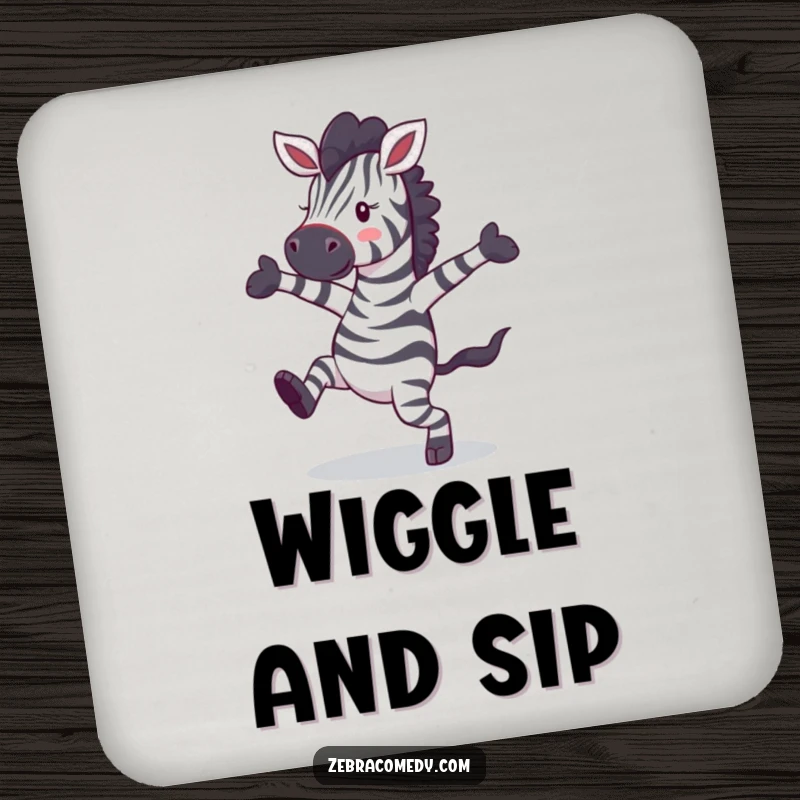 Funny zebra character dancing wildly, printed on a drink coaster for humorous surface protection.